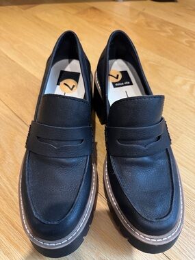 Dolce Vita Black Leather Penny Loafers with Tan Trim